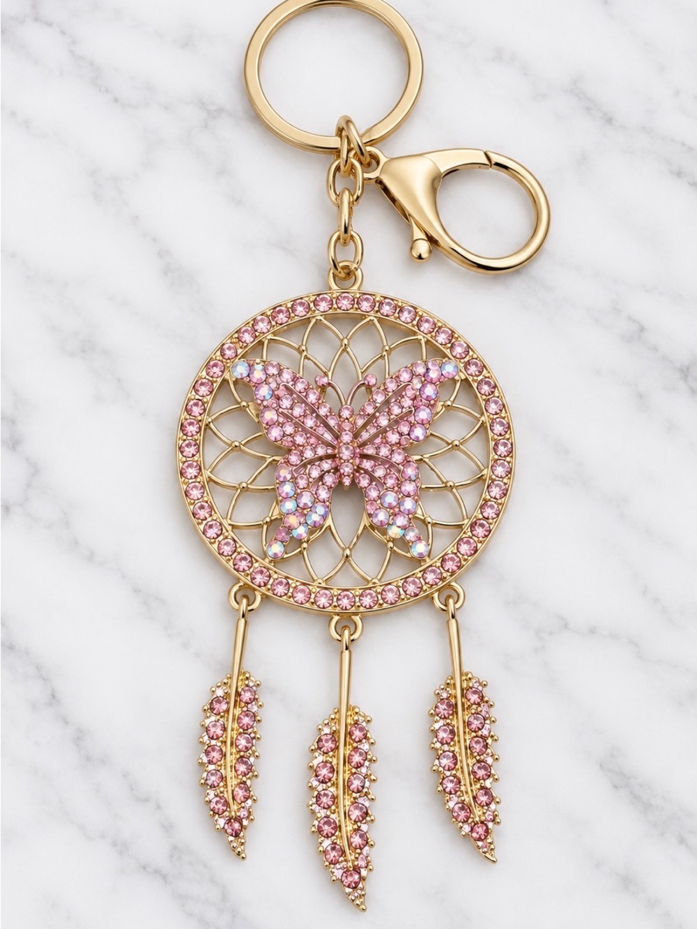 Pink Dreamcatcher Bag Charm/Keyring With Butterfly Center Accents-Gold Hardware